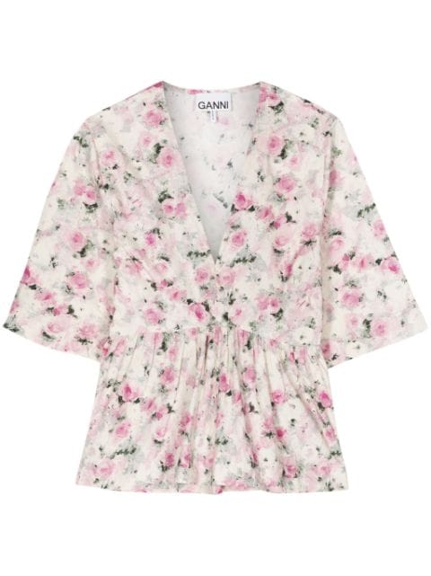 GANNI floral-print organic cotton blouse