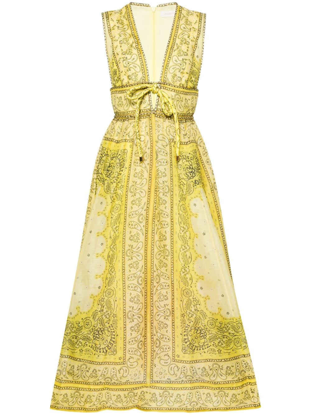 Shop Zimmermann Bandana-print Linen-blend Dress In Yellow