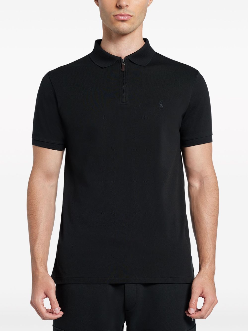 Shop Polo Ralph Lauren Polo Pony Short-zip Cotton Polo Shirt In Black