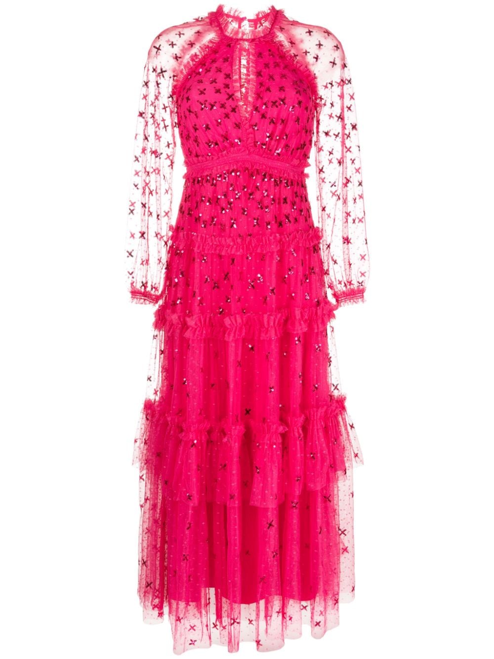 NEEDLE & THREAD SEQUIN-EMBELLISHED SHEER-SLEEVES GOWN