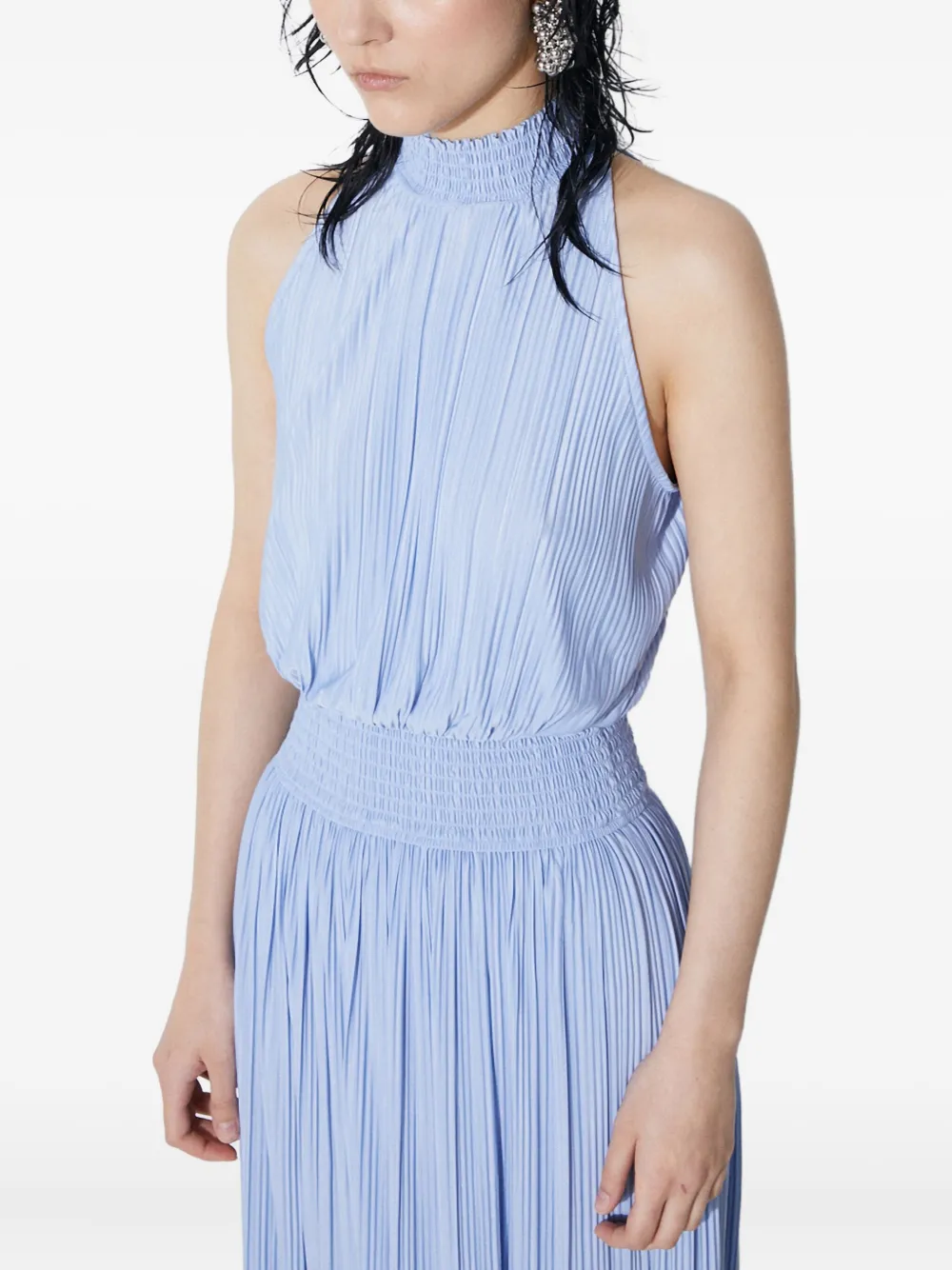 Pleated High-Neck Midi Dress