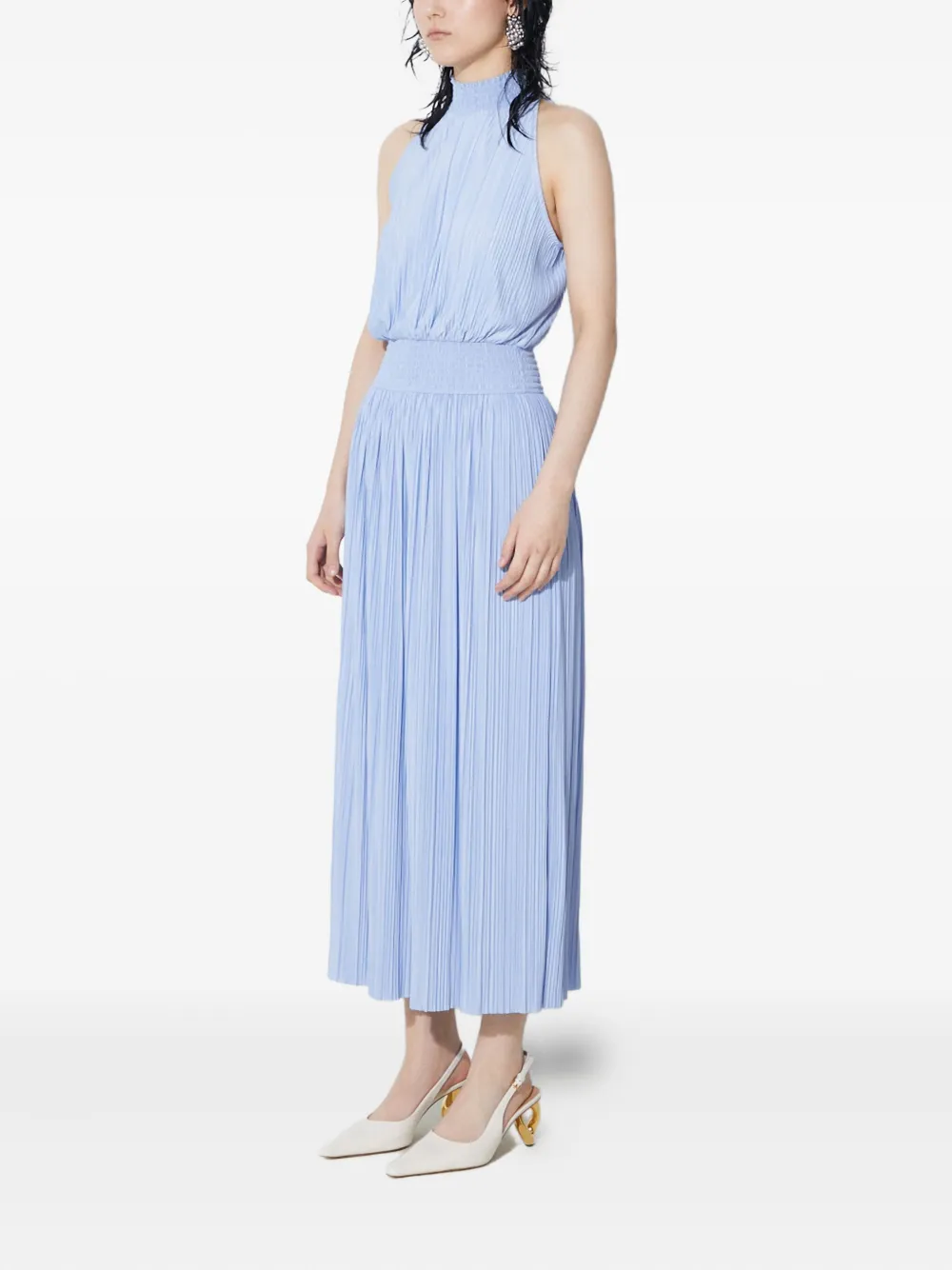 Pleated High-Neck Midi Dress