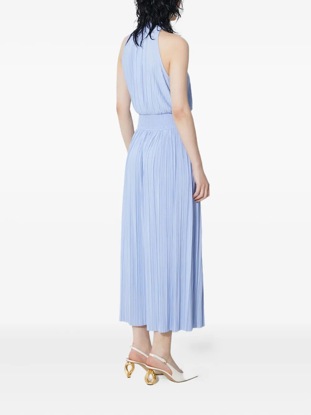 Pleated High-Neck Midi Dress
