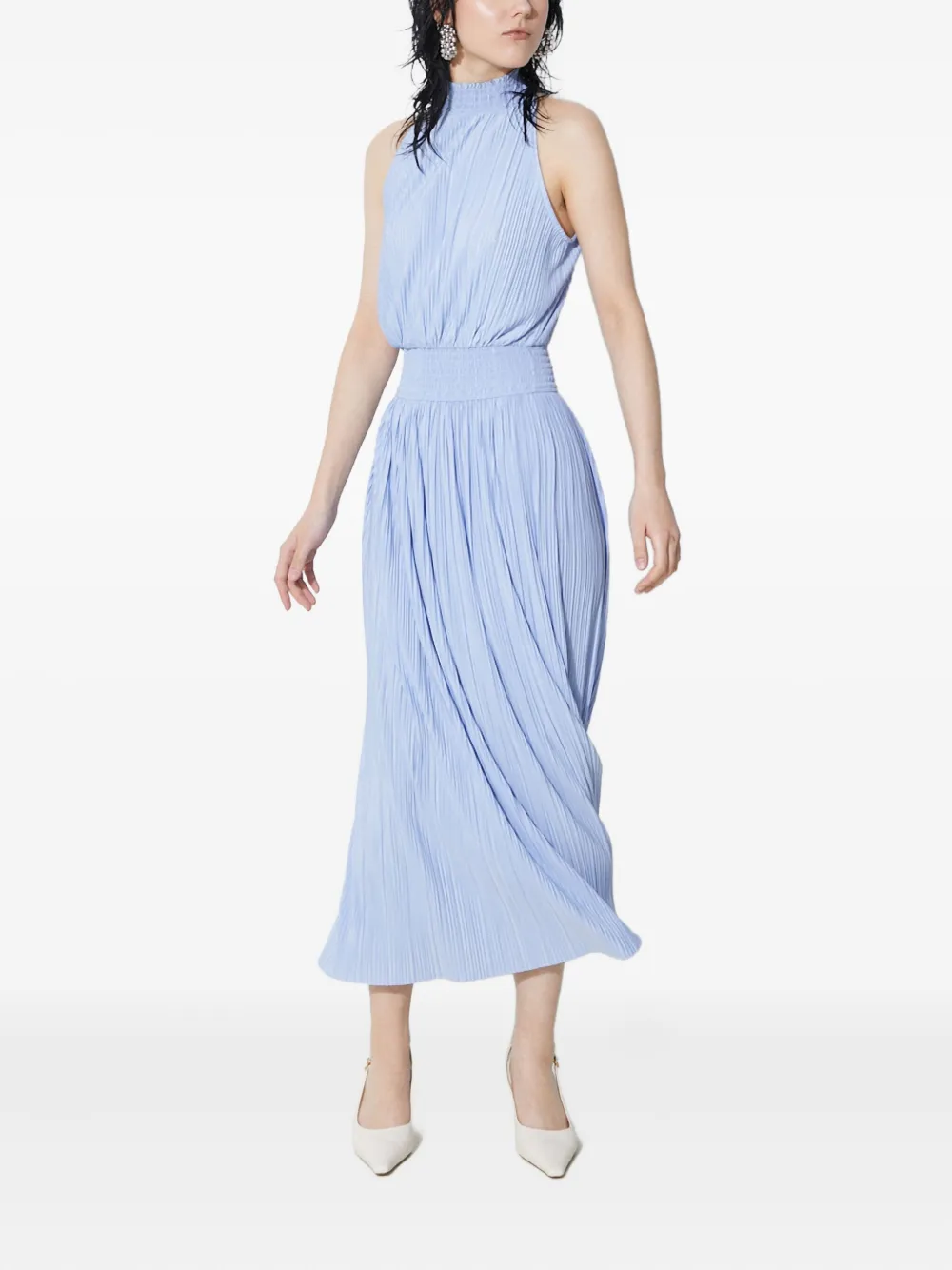 Pleated High-Neck Midi Dress