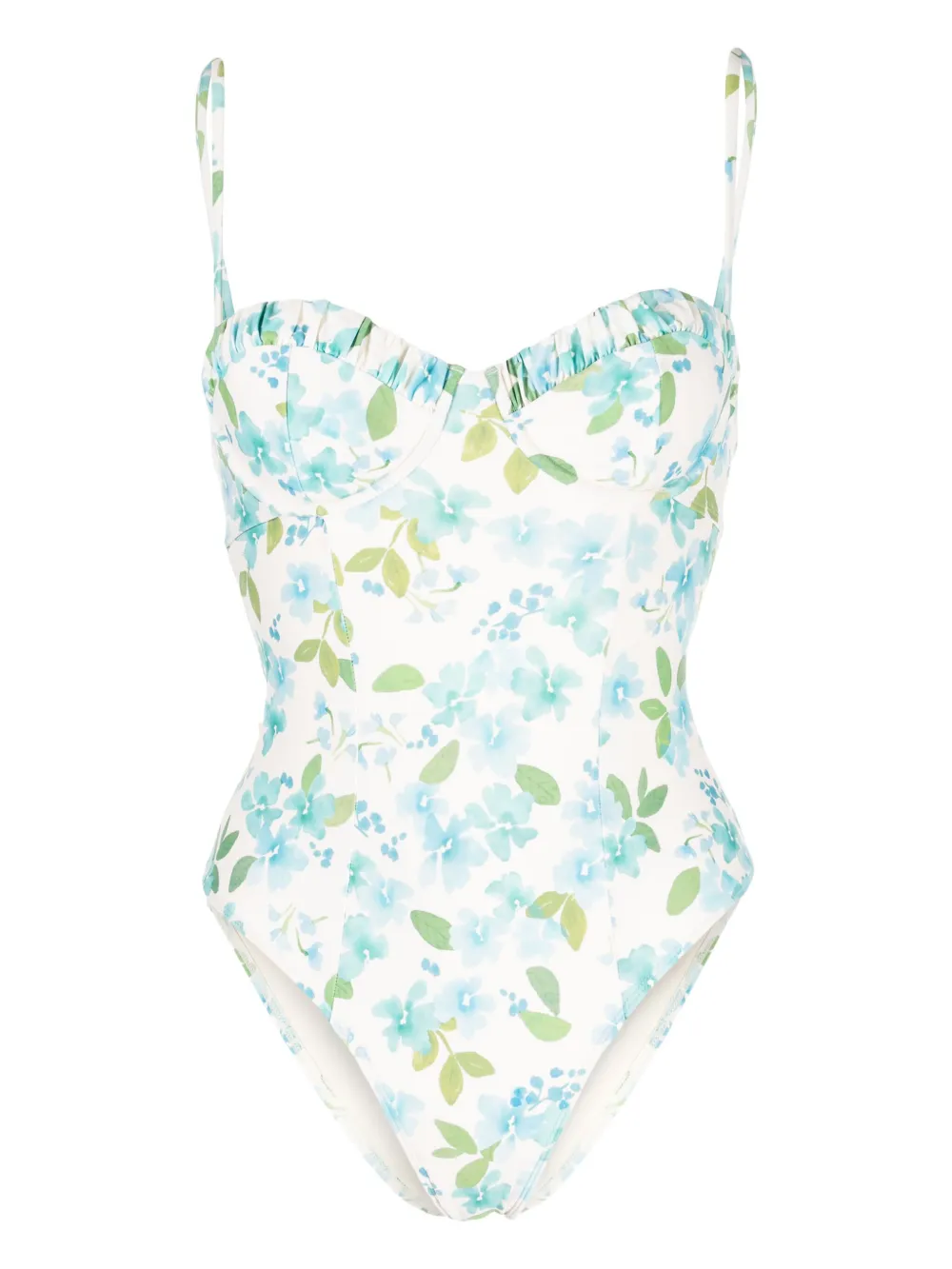 Peony Memories Ruched Floral-print Stretch-econyl Swimsuit In Blue