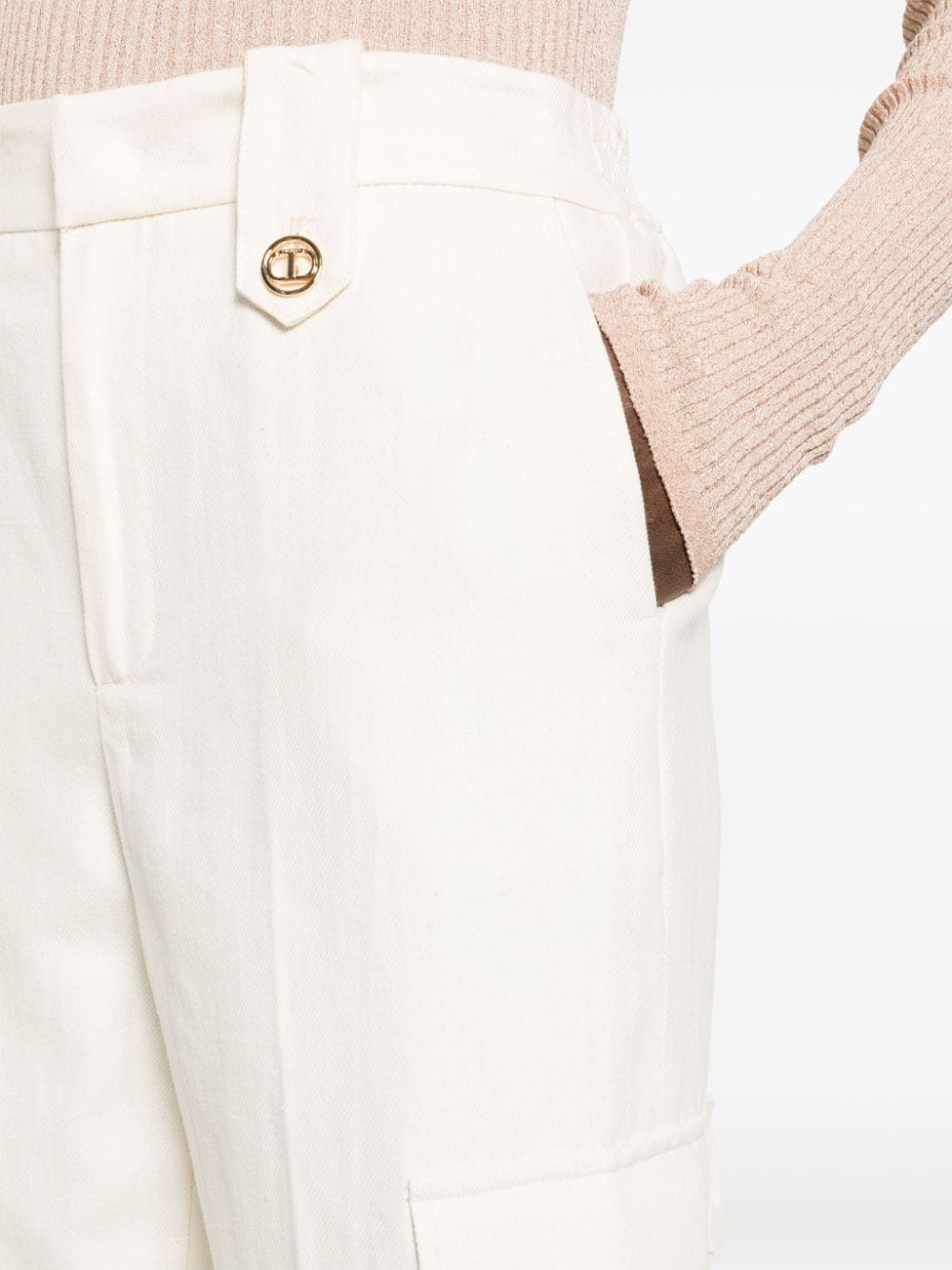 Shop Twinset Logo-plaque Twill Trousers In Nude