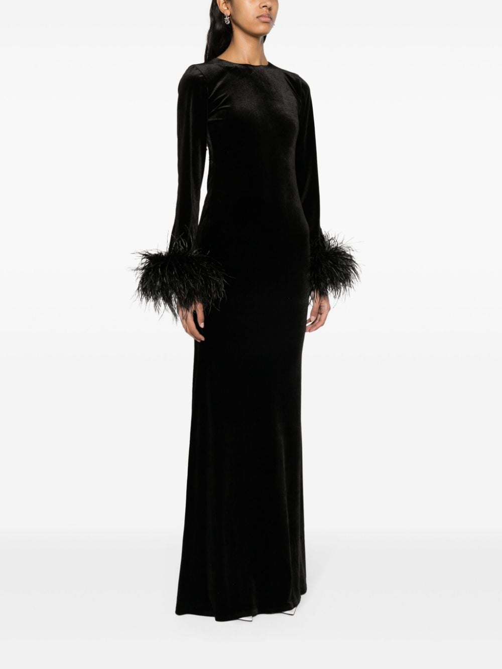 Shop Ana Radu Feather-trim Velvet Gown In Black