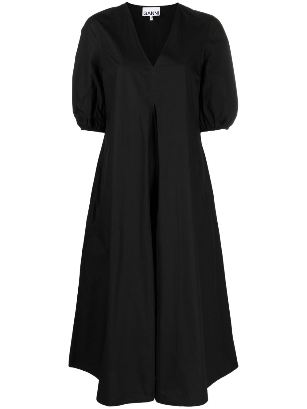 Ganni V-neck Poplin Maxi Dress In Black