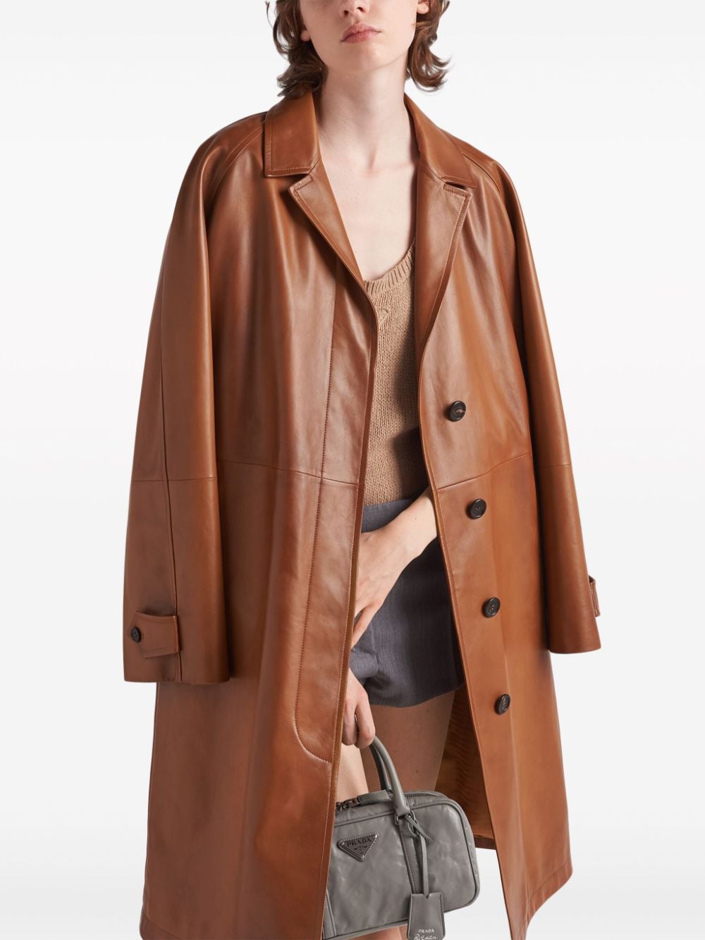 Shop Prada Belted Leather Trench Coat In Brown
