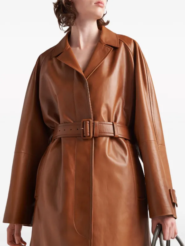 Prada Belted Leather Trench Coat | Brown | FARFETCH