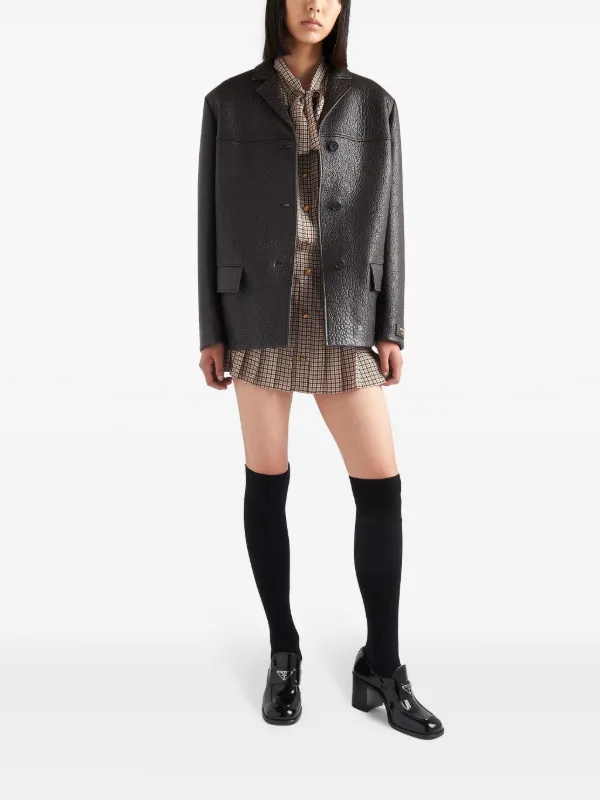 PRADA☆ブラウンレザー シングルライダースジャケット Prada ロゴ レザージャケット | ブラウン | FARFETCH JP