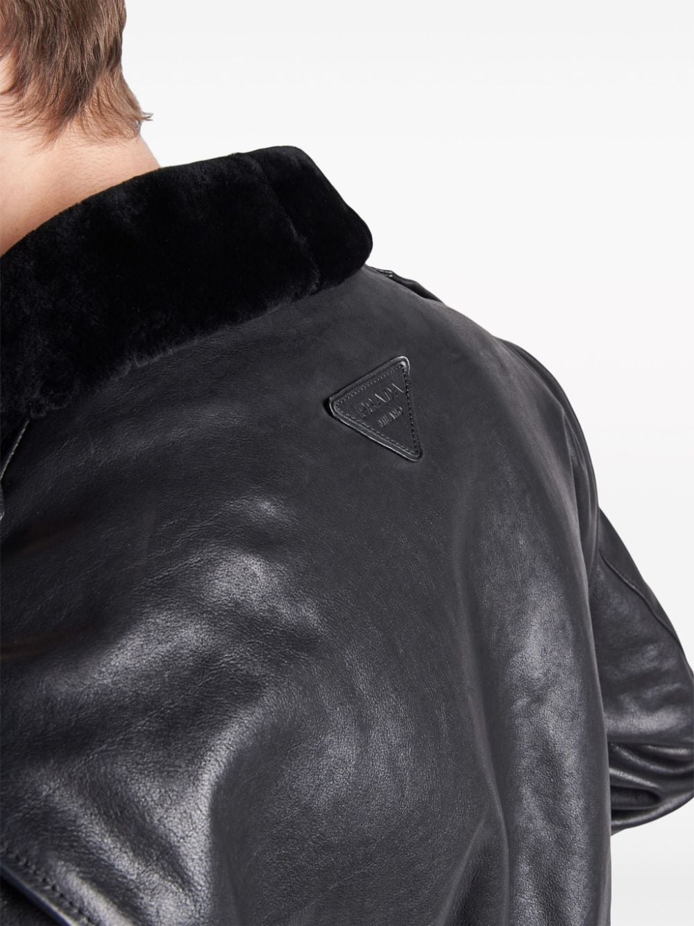 Shop Prada Triangle-logo Leather Jacket In Schwarz