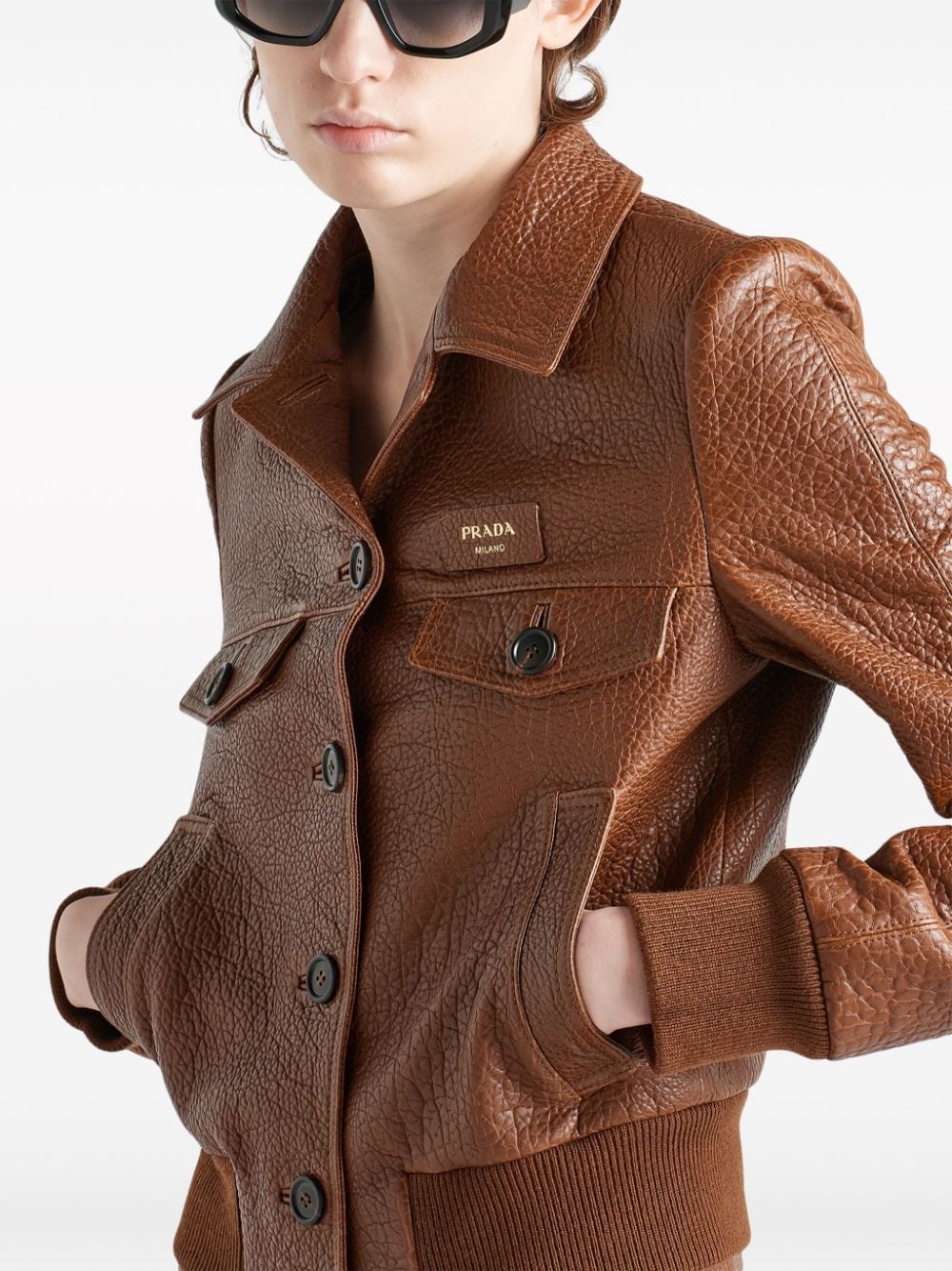 Shop Prada Crocodile-embossed Leather Jacket In Brown