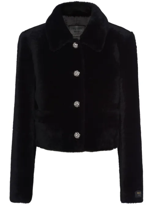 Veste en peau lainée à coupe crop - Prada - Modalova