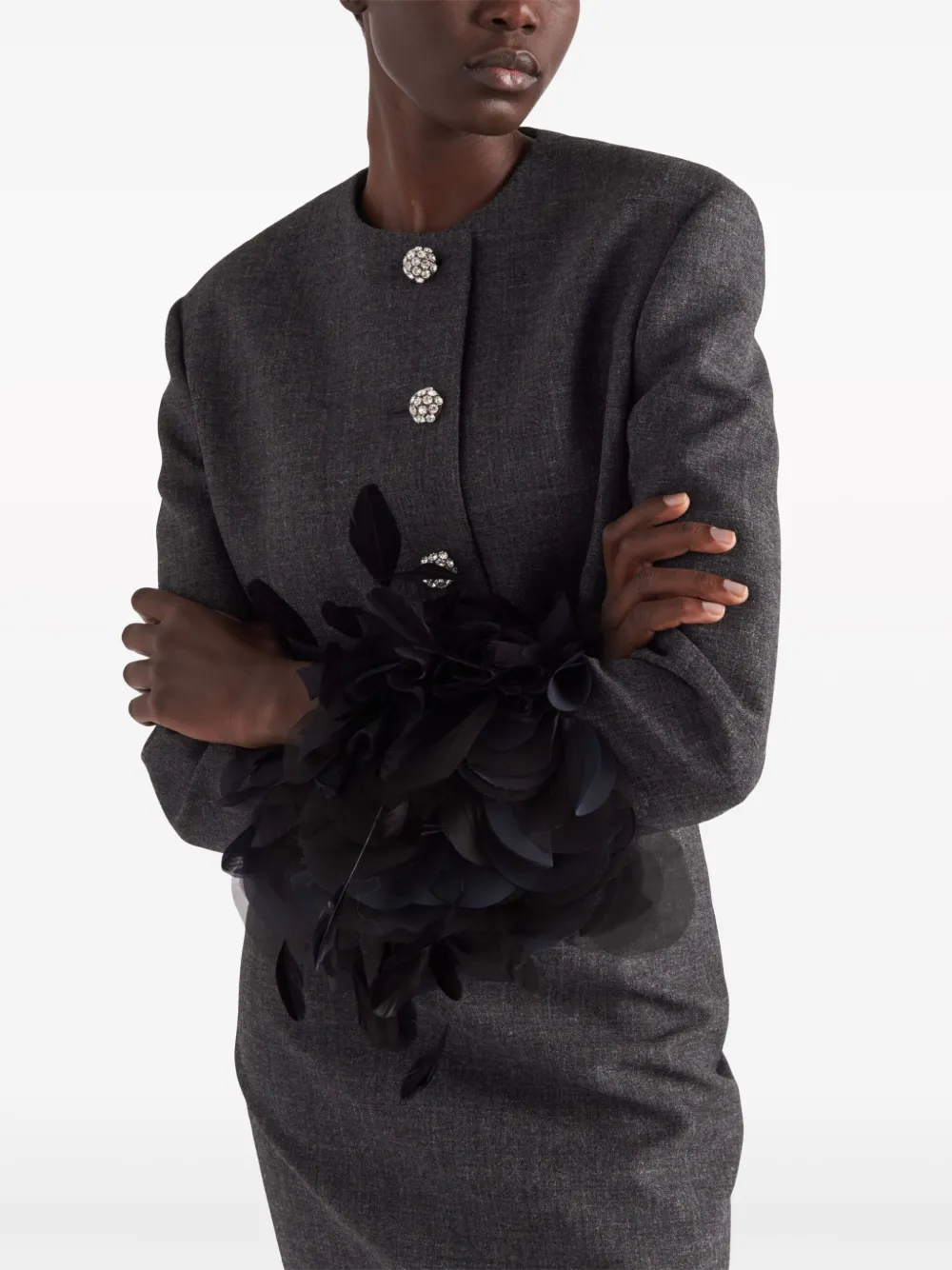 Prada Feather-trimmed Wool Cropped Jacket In Grey