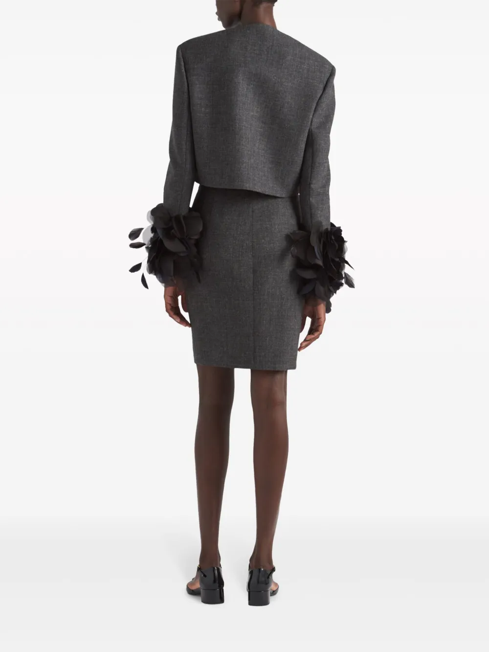 Prada Feather-trimmed Wool Cropped Jacket In Grey