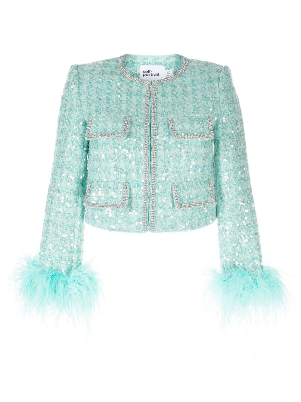 Self-portrait Feather-detail Embellished Cropped Jacket In Green