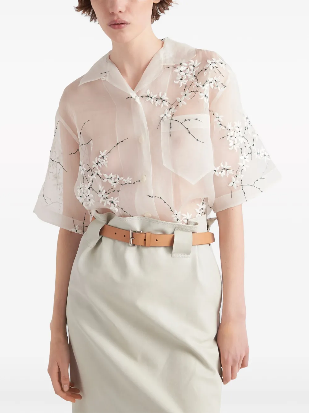 Prada Doorzichtige zijden blouse met geborduurde bloemen Wit