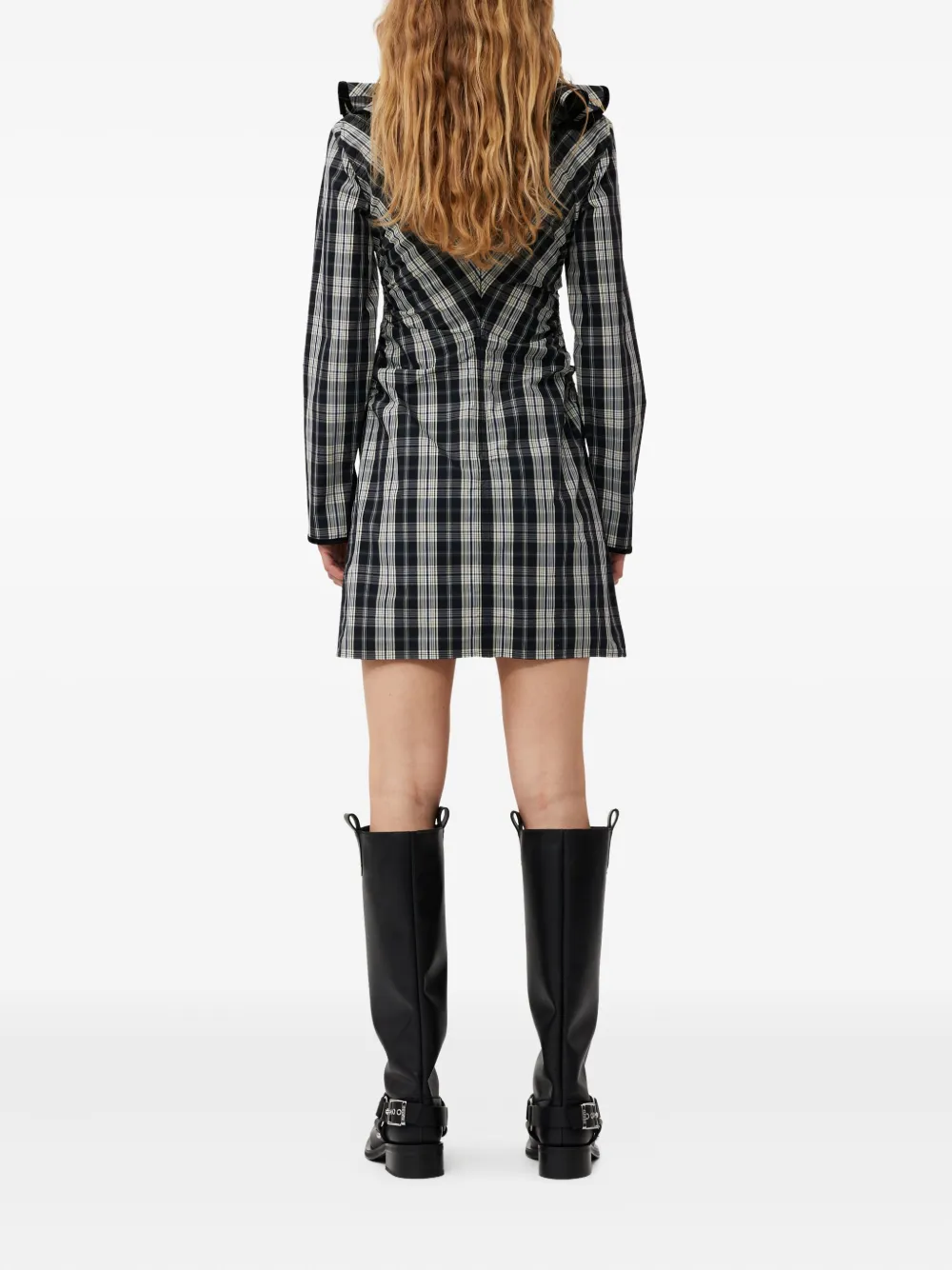 GANNI Geruite mini-jurk met ruches Zwart