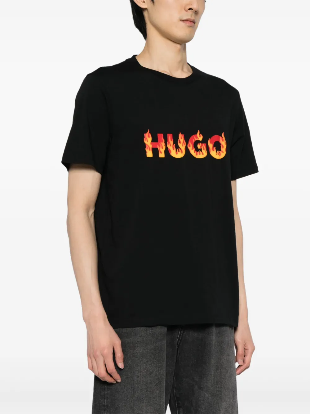 Shop Hugo Danda Flame-logo Cotton T-shirt In Black