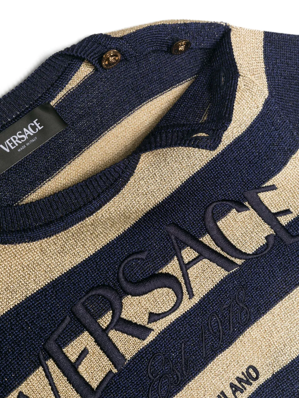 Shop Versace Logo-embroidered Striped Jumper In Blue