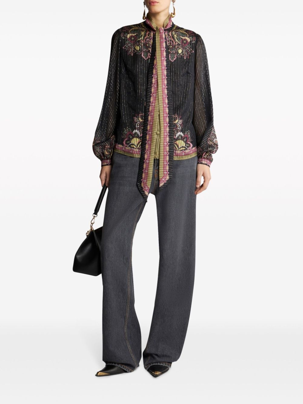 Shop Etro Pussy Bow Neck Twill-print Silk Blouse In Black