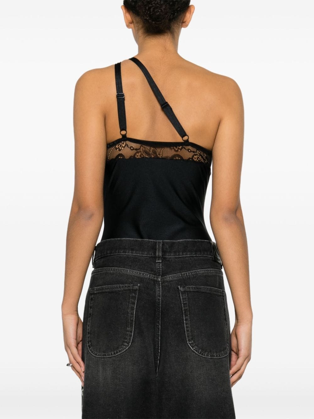 Shop Coperni Lace-detailing Asymmetric Bodysuit In 黑色