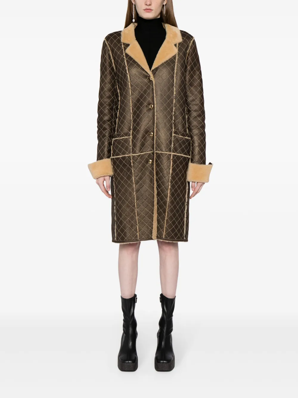 Pre-owned Chanel 2004 Diamond-quilted Leather Coat In Brown