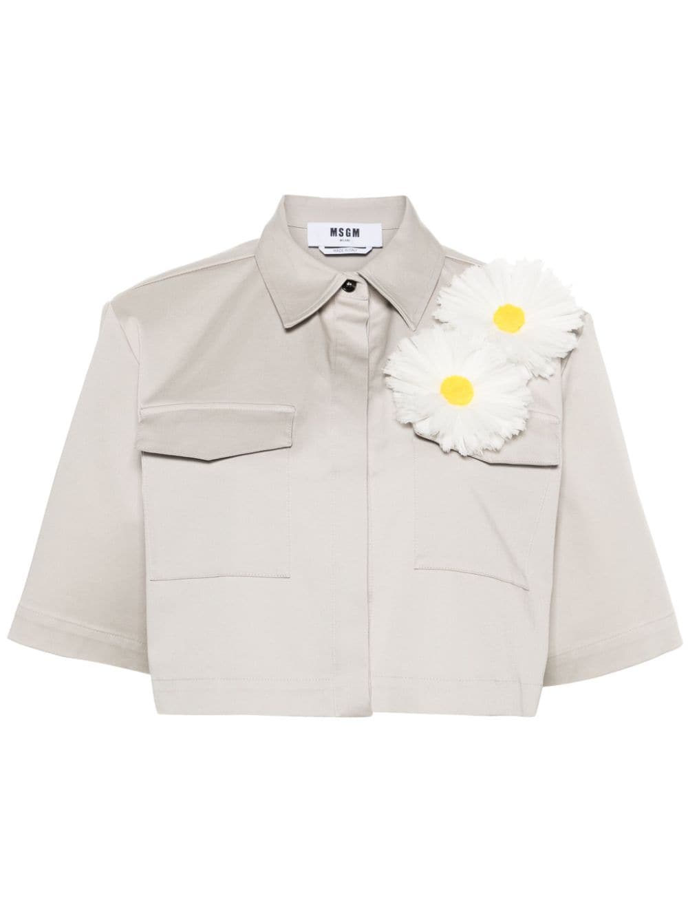 Shop Msgm Floral-appliqué Cropped Shirt In Grey