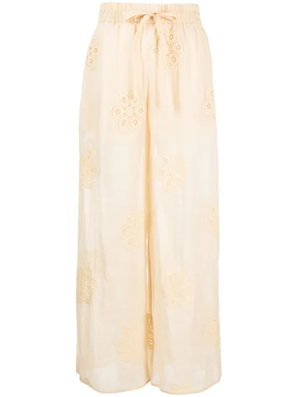 Zimmermann Acadian Floral-embroidered Ramie Trousers in Yellow