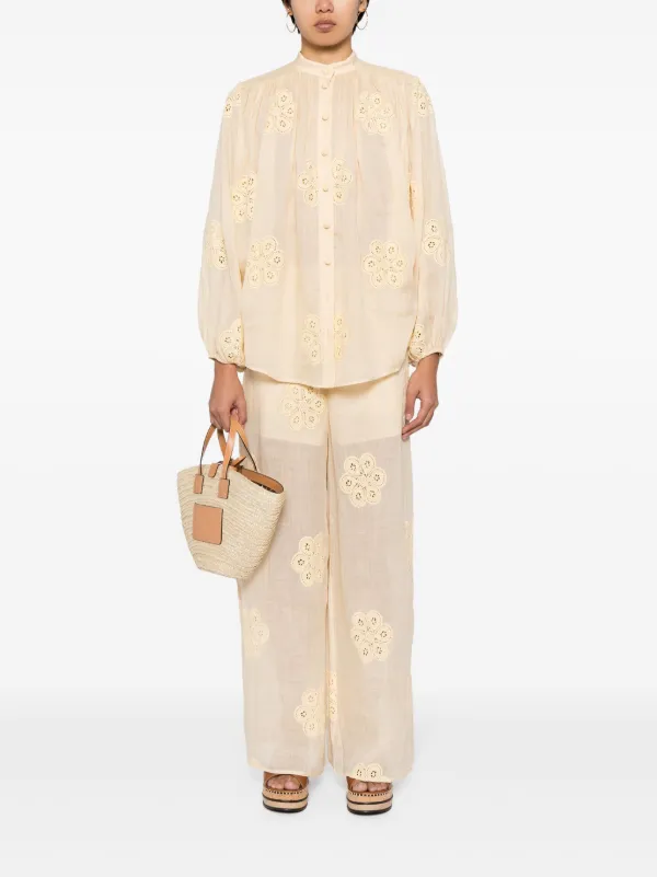 パンツ Zimmermann Acadian Floral-Embroidered Ramie Trousers ZIMMERMANN Acadian floral-embroidered Ramie Trousers