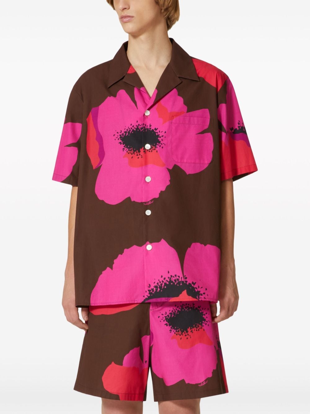 Shop Valentino Flower Portrait-print Bowling Shirt In Brown