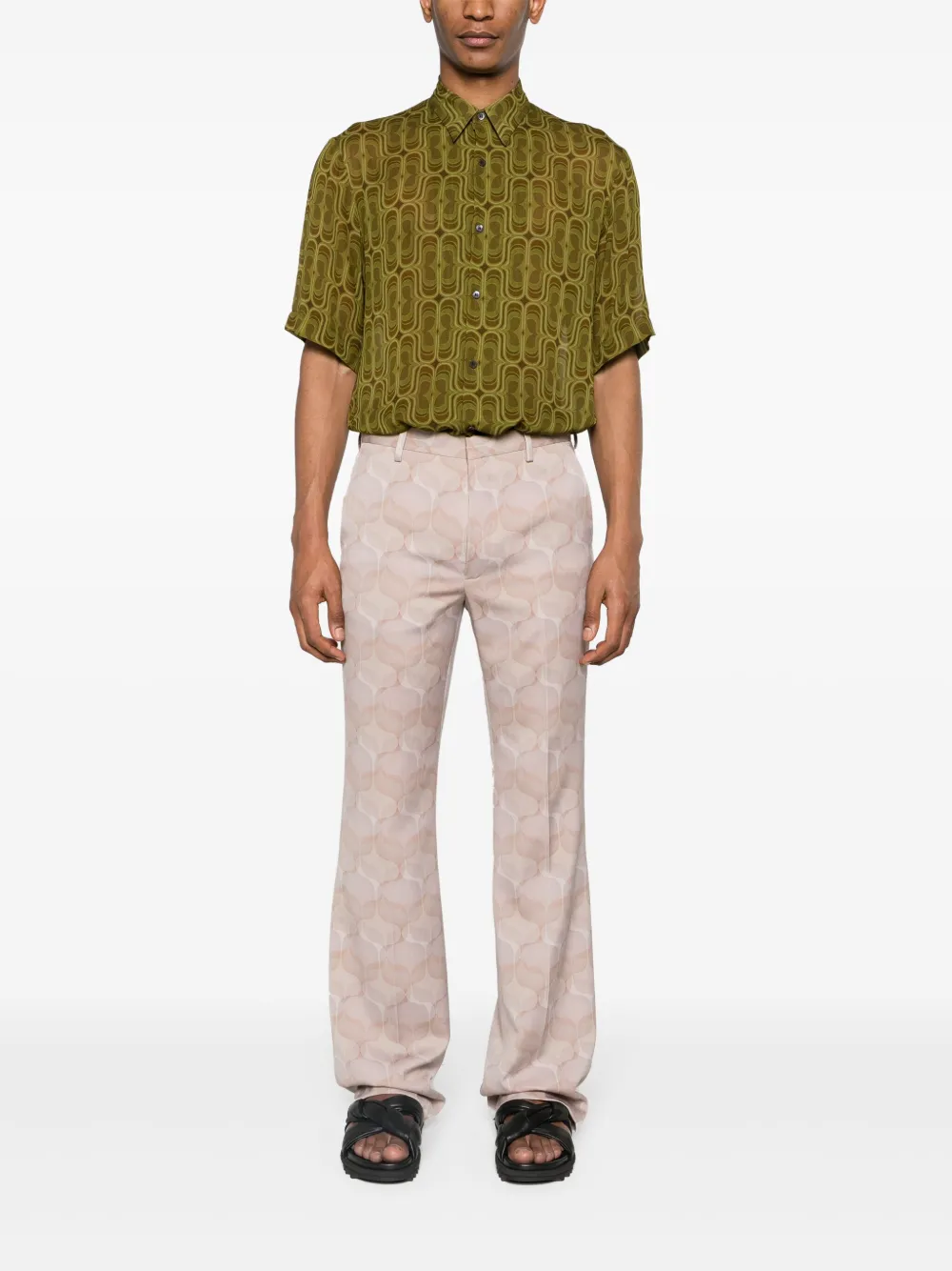 Shop Dries Van Noten Graphic-print Wool Tailored Trousers In Neutrals