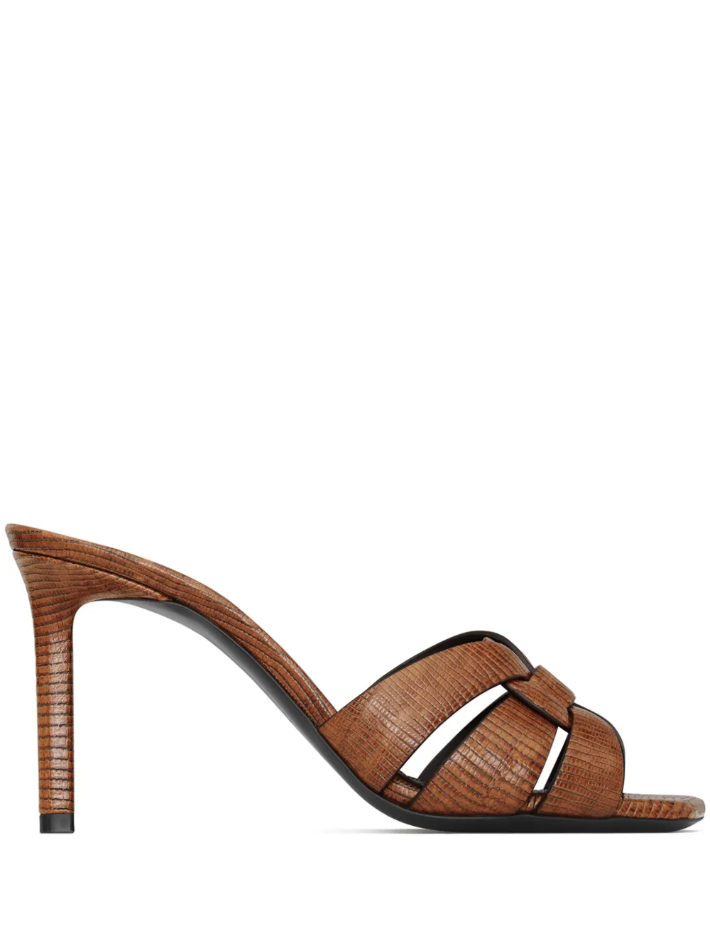 Shop Saint Laurent Tribute 85mm Lizard-effect Mules In Brown