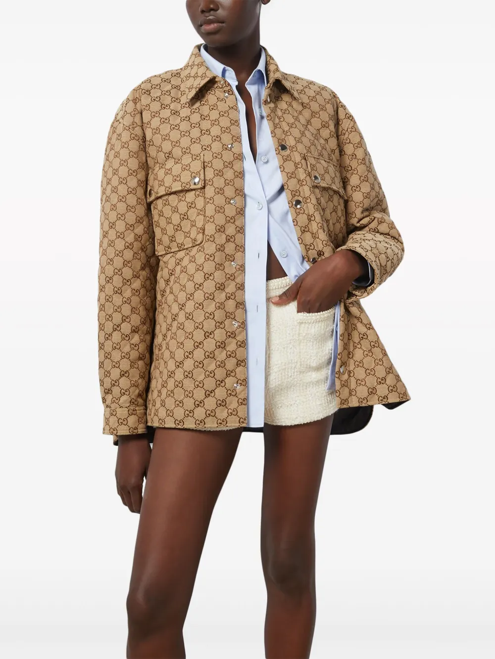 Shop Gucci Gg-canvas Quilted Shirt Jacket In Braun