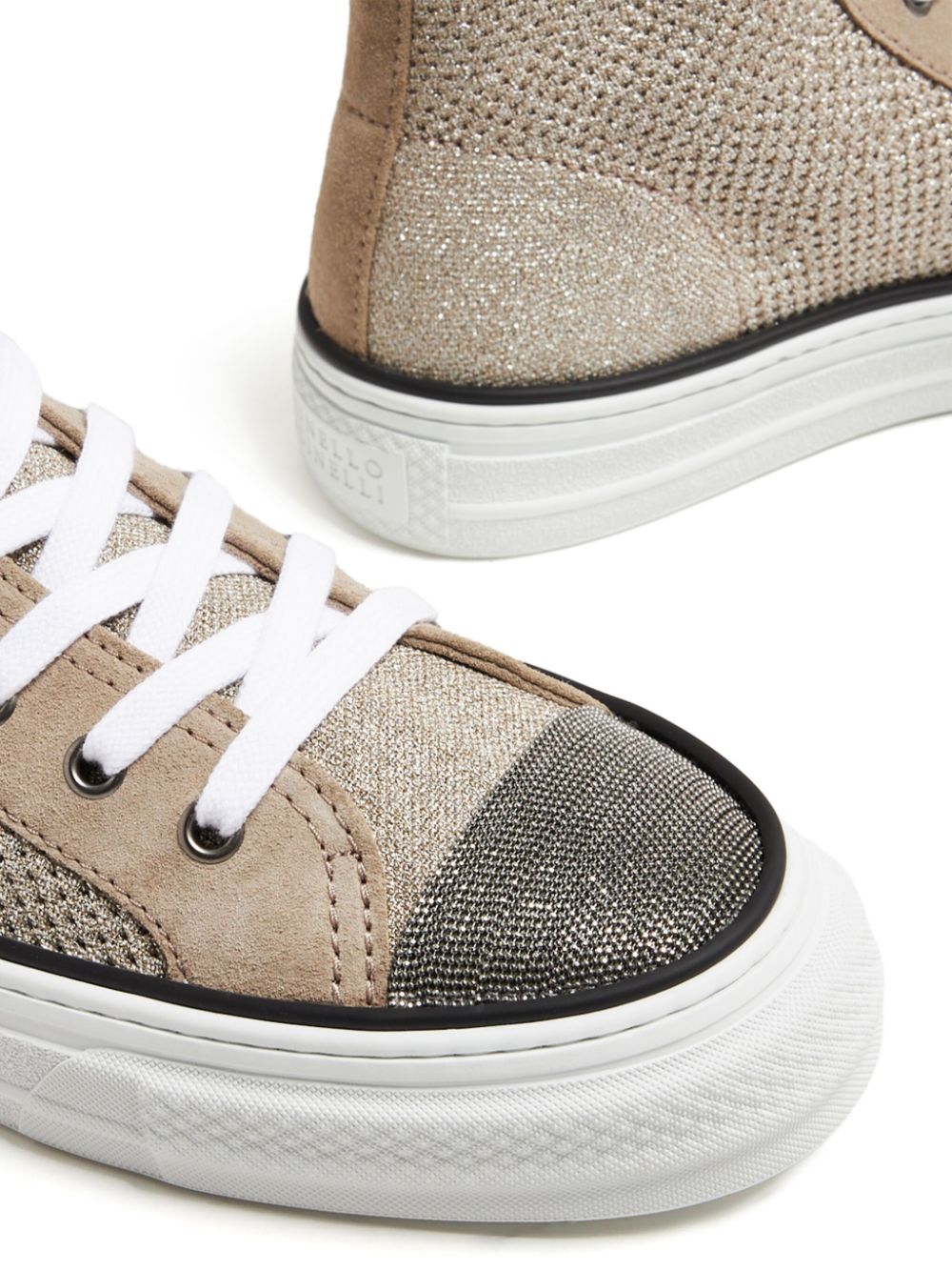 Shop Brunello Cucinelli Monili-embellished Metallic-knit Sneakers In Neutrals