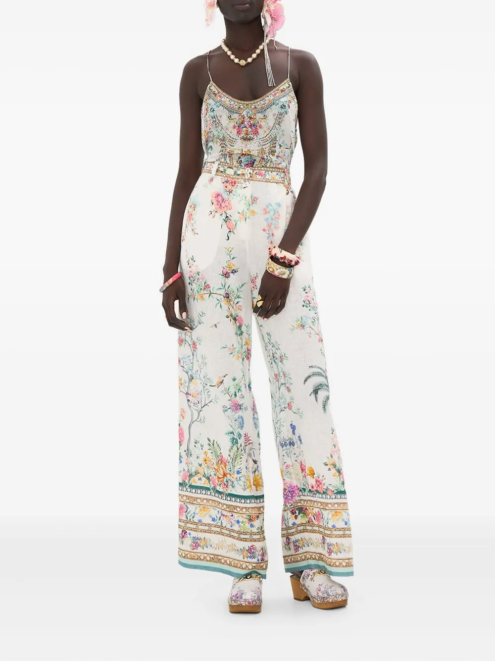 Camilla floral-pattern linen trousers - Wit