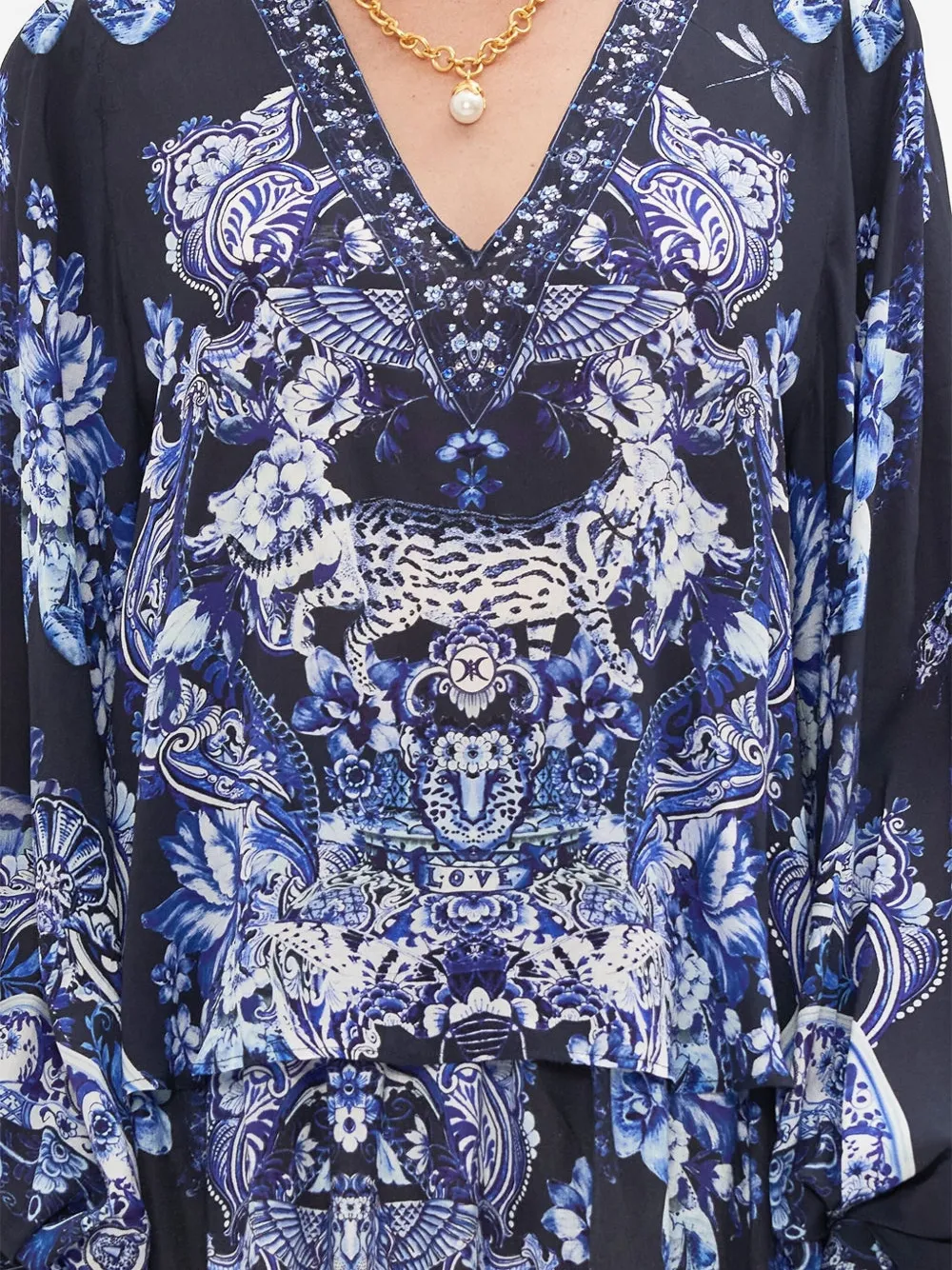 Camilla Blouse met V-hals en blouson mouwen Blauw