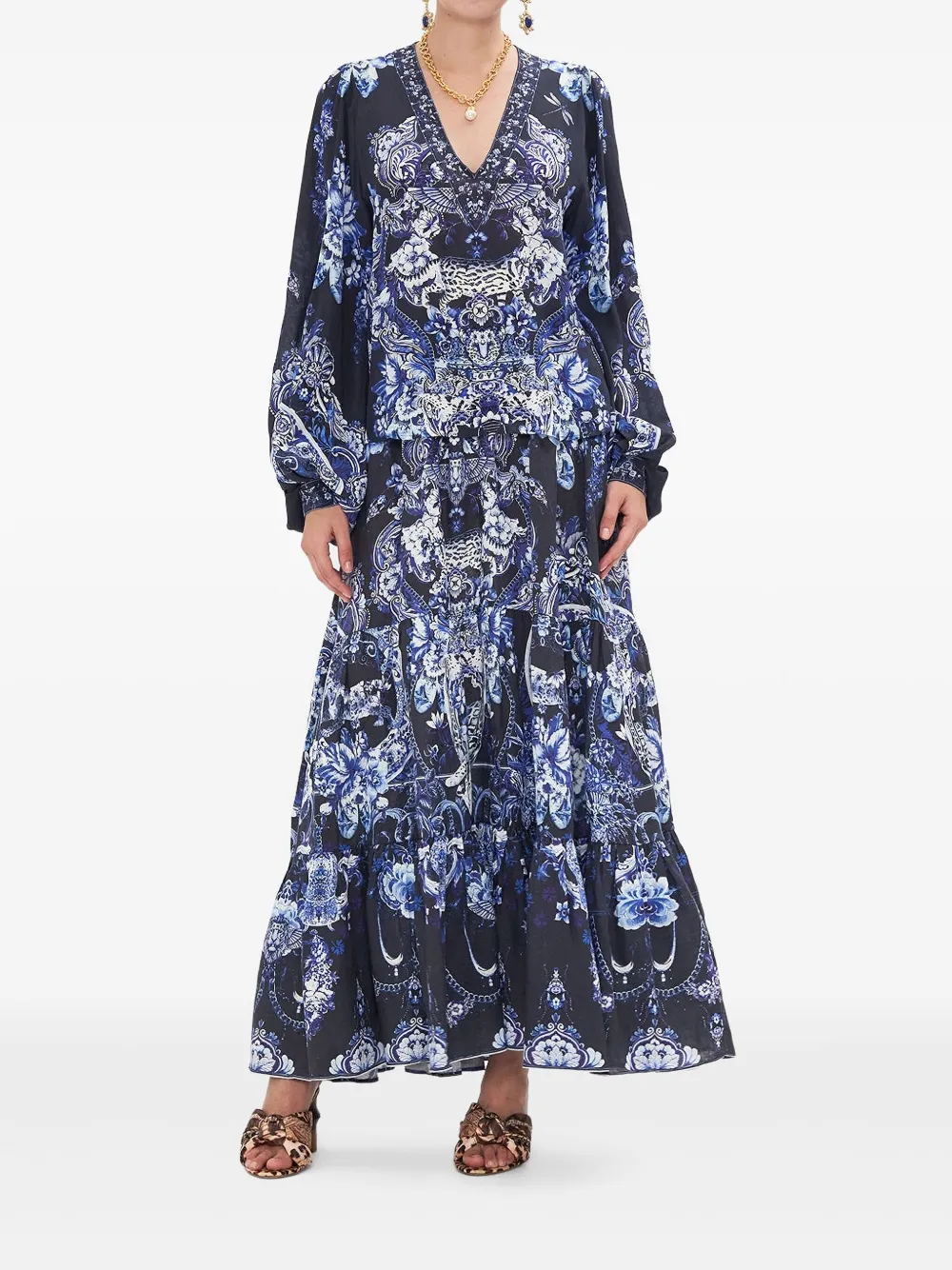 Camilla Blouse met V-hals en blouson mouwen Blauw