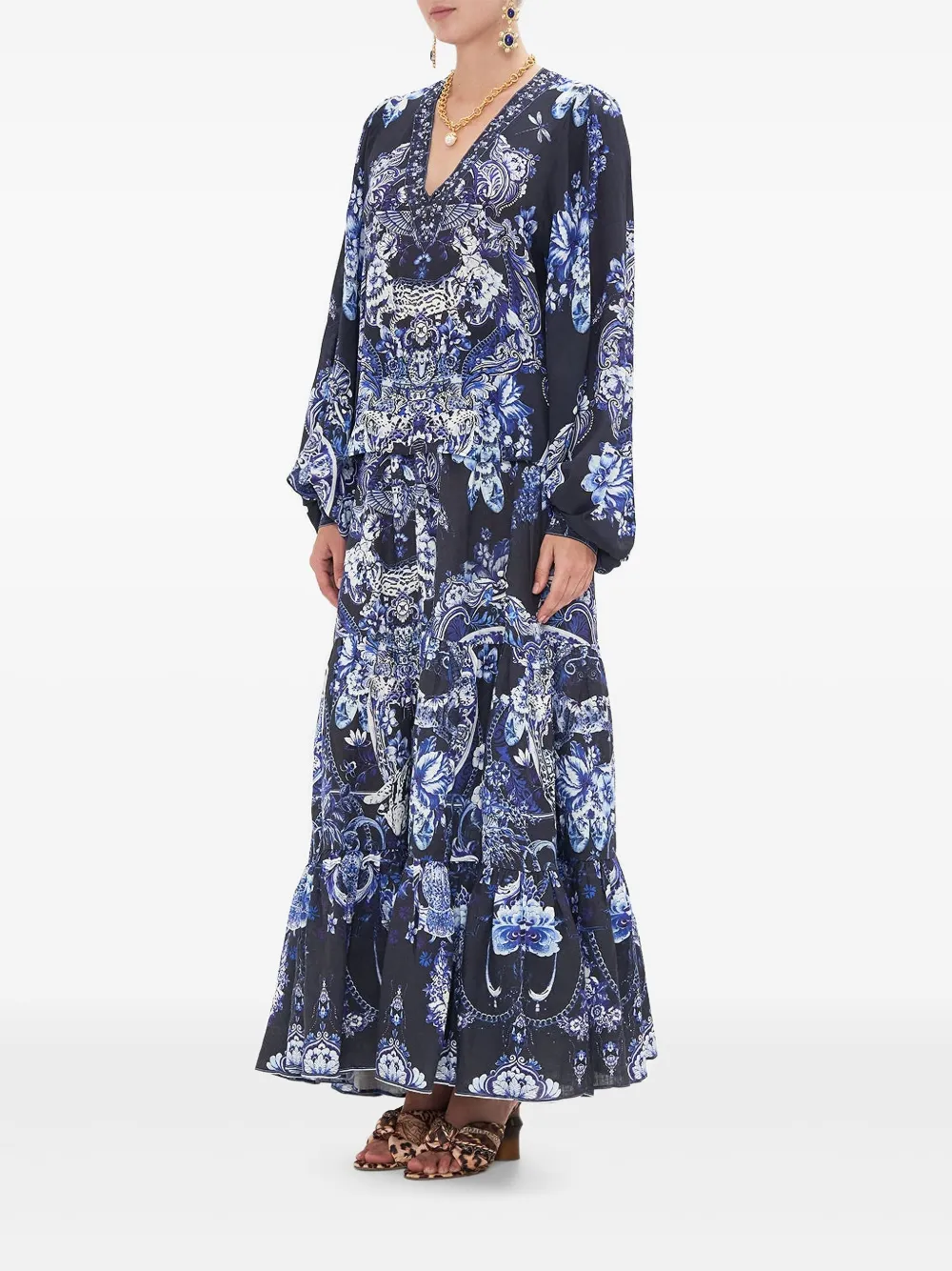 Camilla Blouse met V-hals en blouson mouwen Blauw