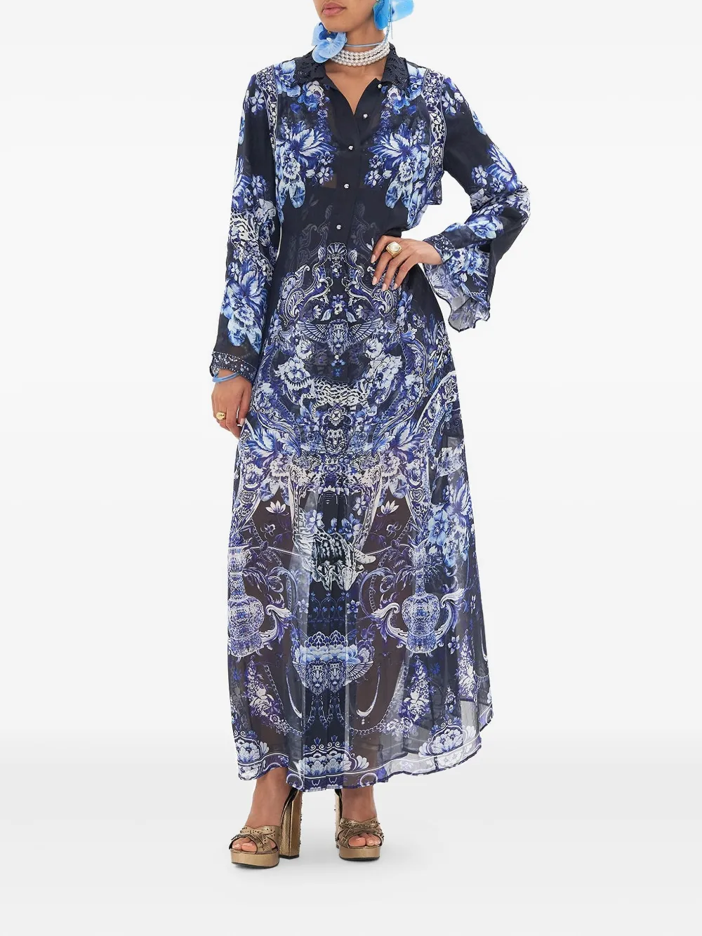 Camilla printed cutwork lace collar trench - Blauw