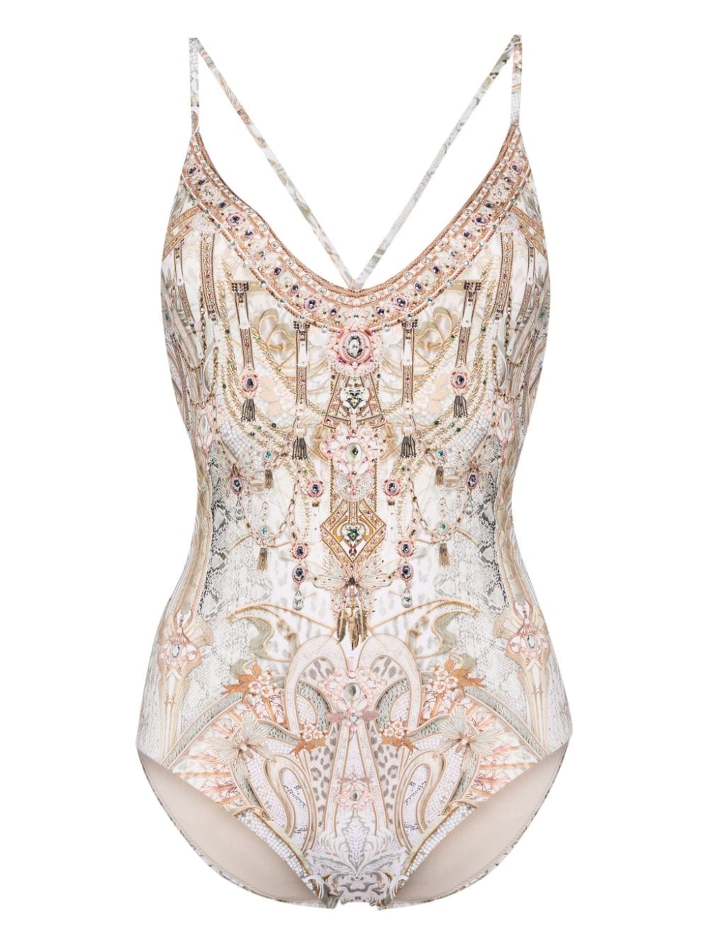 Camilla Tower Tales graphic-print swimsuit Beige