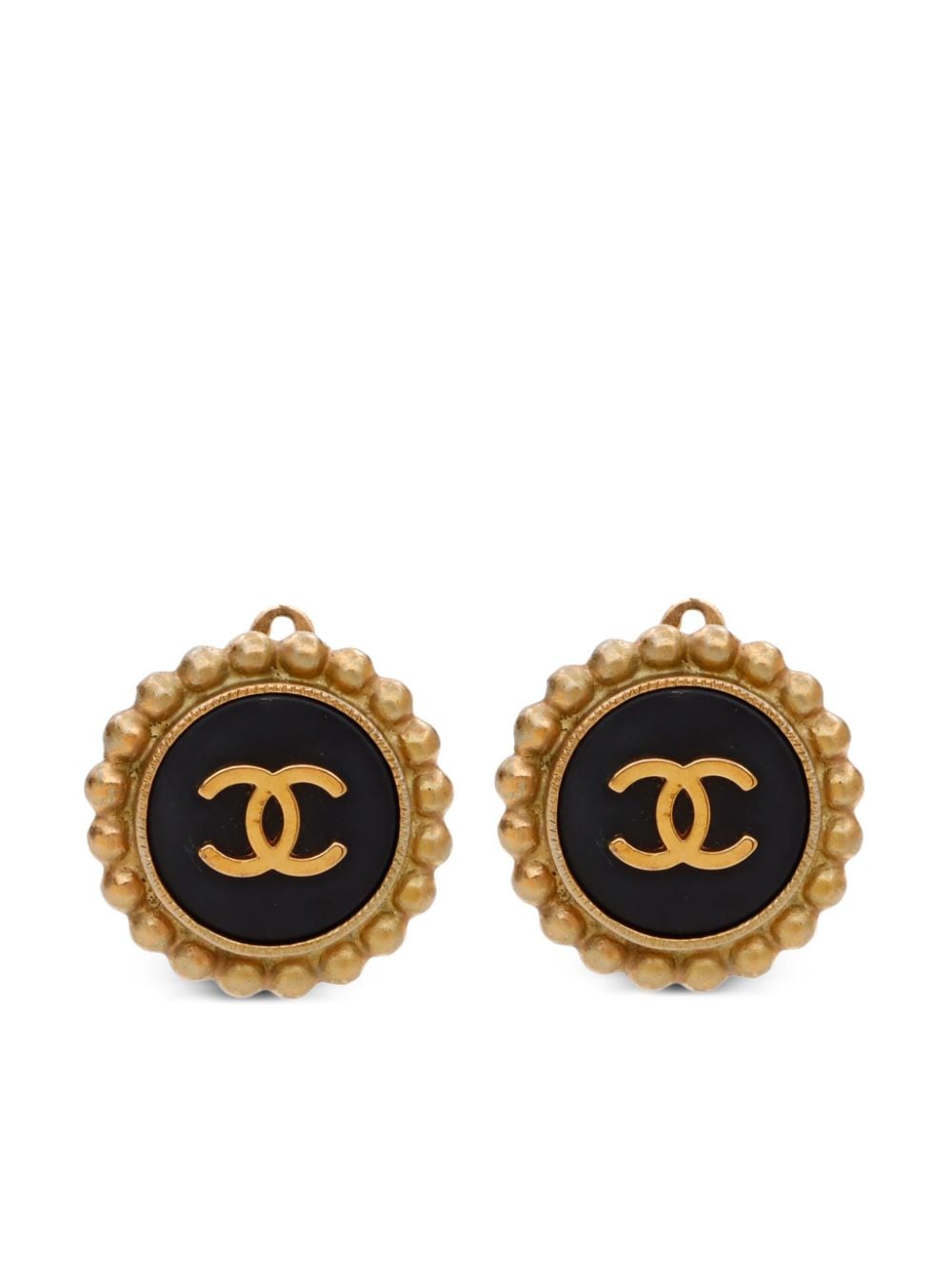 Pre-owned Chanel 1994 Ball Chain Cc Button Clip-on Earrings In Black
