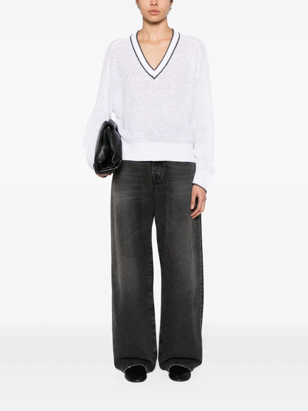 Brunello Cucinelli Trui met pailletten en V-hals - Wit