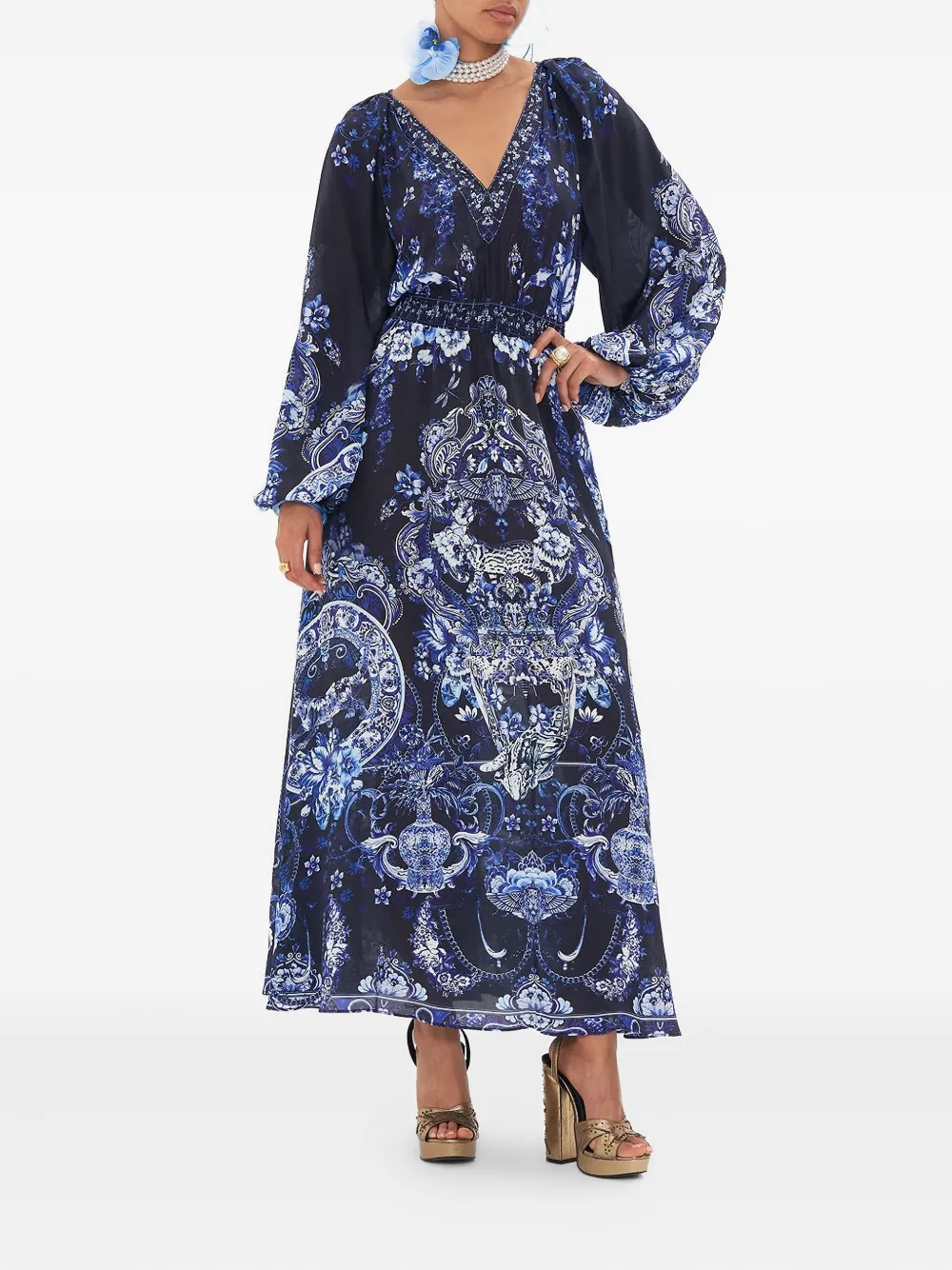 Camilla shirred waist dress delft dynasty - Blauw