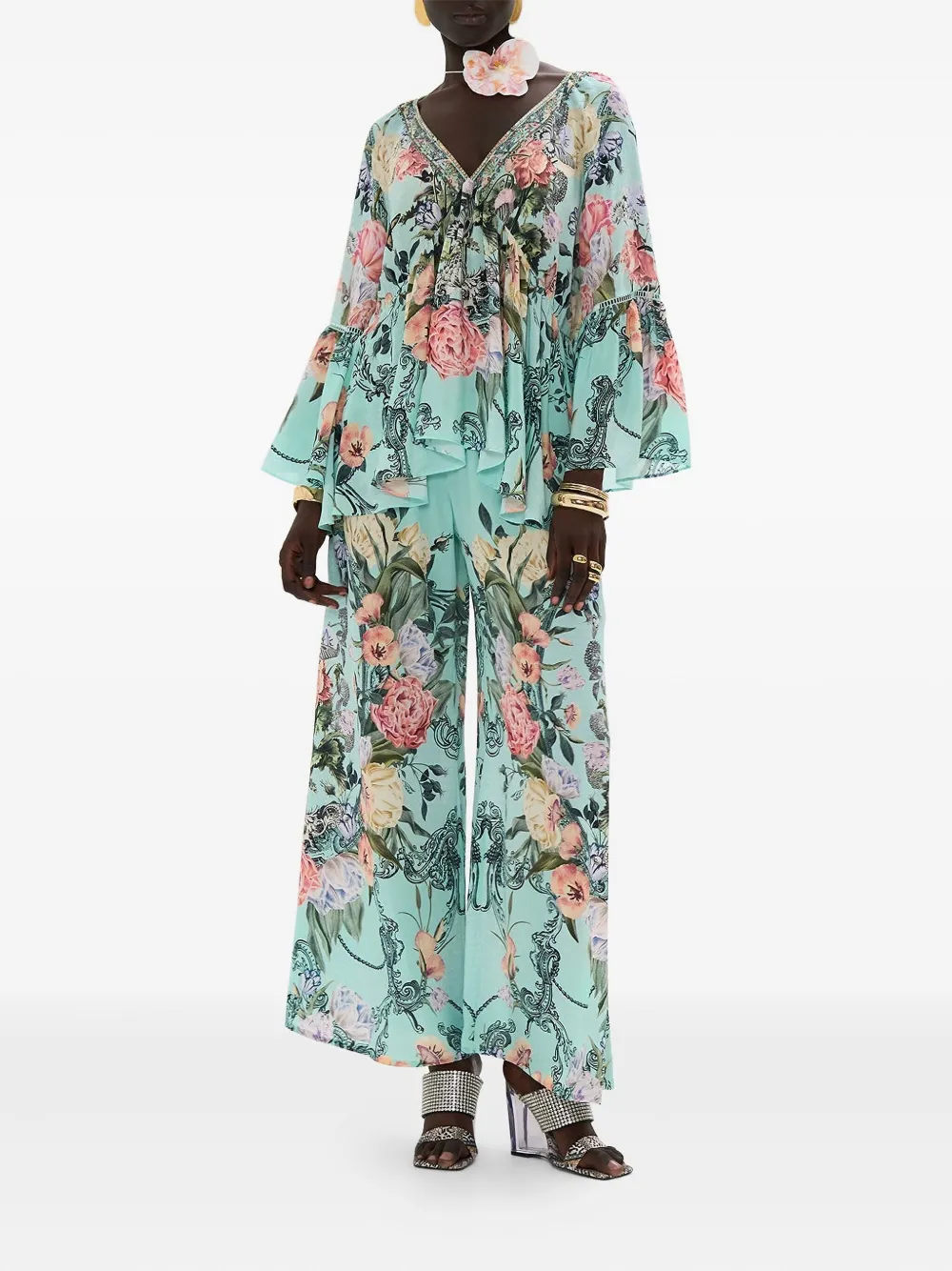 Camilla ruffle-sleeve silk blouse - Blauw