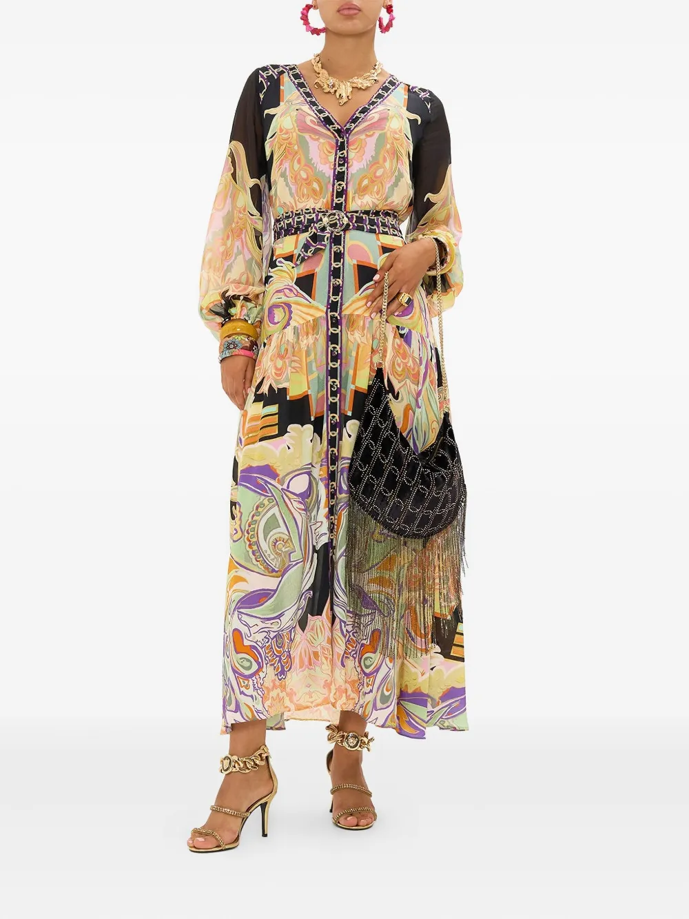 Camilla v-neck belted dress - Zwart