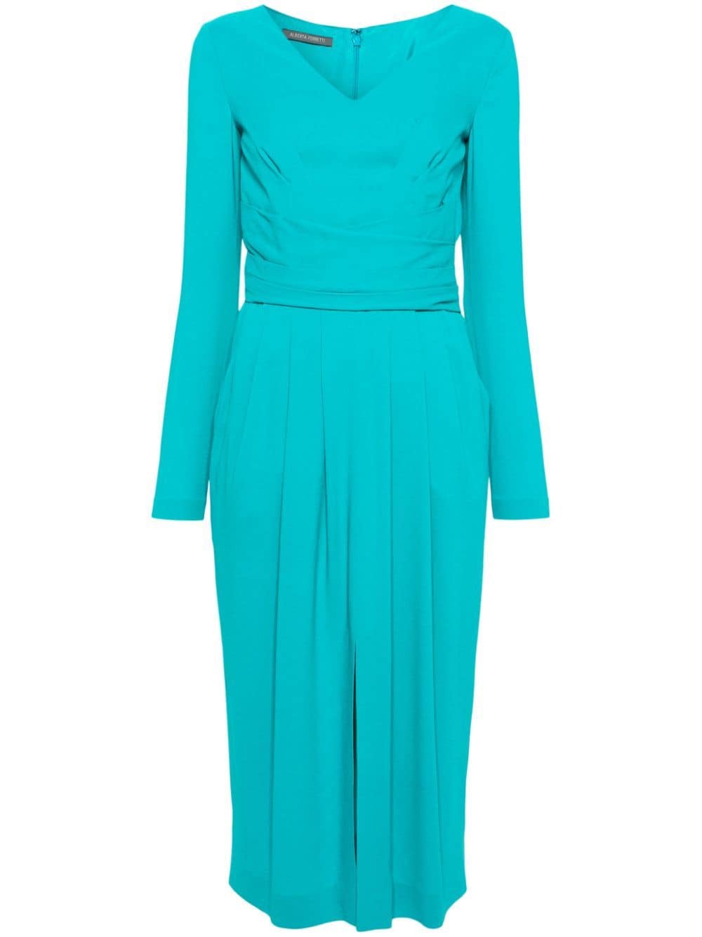 Shop Alberta Ferretti Pleat-detail V-neck Dress In Blue