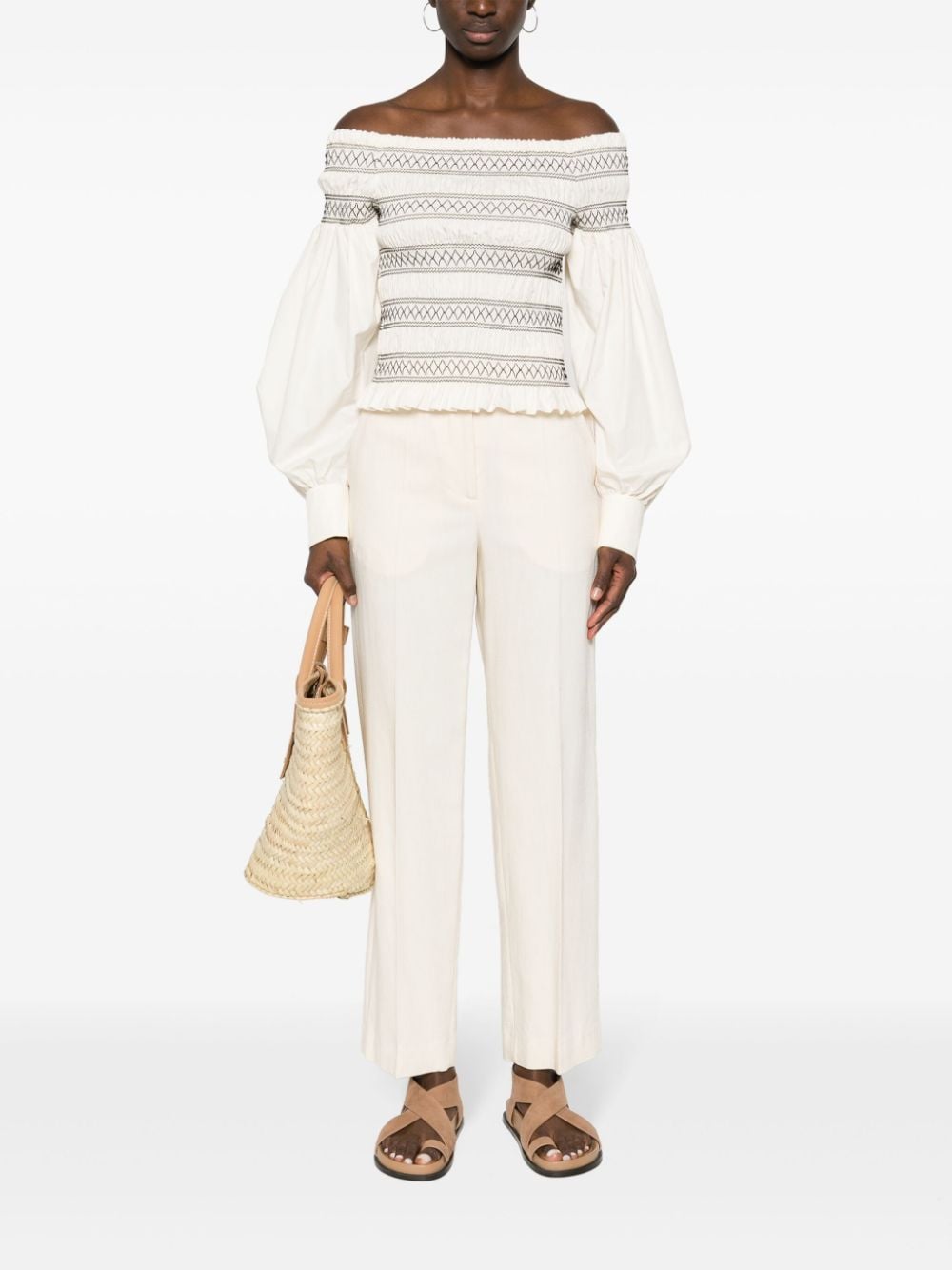 Shop Max Mara Embroidered Shirred Top In Neutrals