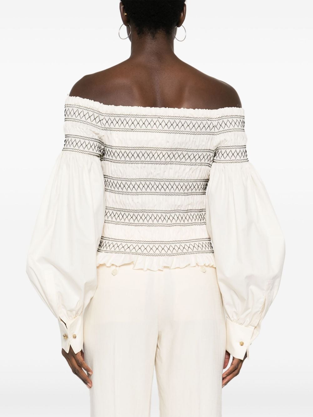 Shop Max Mara Embroidered Shirred Top In Neutrals